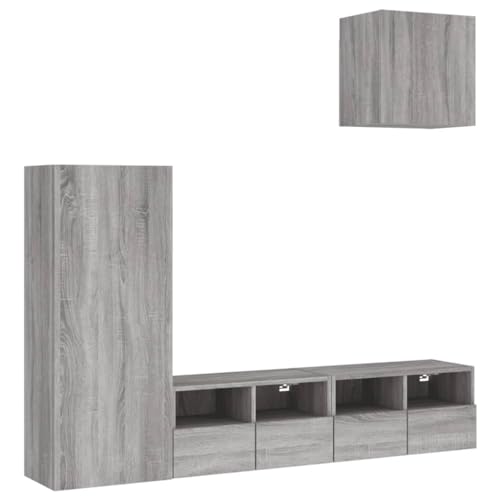 vidaXL Wohnwand 4-TLG., Schrankwand mit viel Stauraum, Wandmontage Anbauwand Fernsehschrank, Wohnzimmer Set Wandschrank, Grau Sonoma Holzwerkstoff von vidaXL