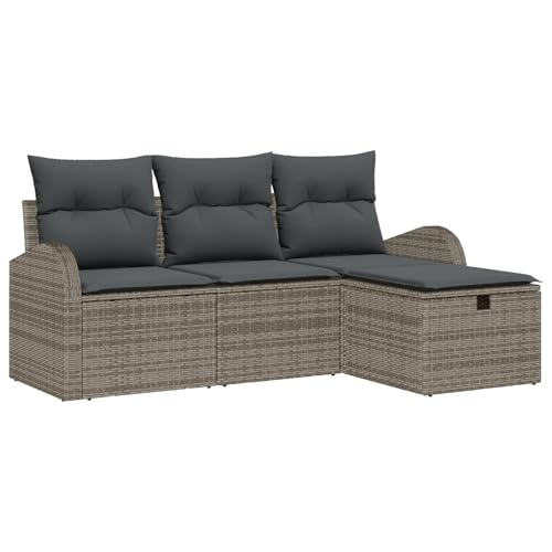 vidaXL 4-teiliges Gartensofaset mit Kissen in Grau aus Poly Rattan – Bequemer Sitz für den Balkon. Vielseitige modulare Gartenmöbel für Terrasse und Patio. von vidaXL