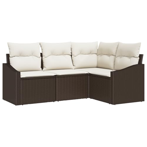 vidaXL 4-teiliges Garten-Ecksofa-Set mit Kissen | Wetterbeständige Poly-Rattan-Sitzmöbel für drinnen und draußen | Stylishes Braun-Creme-Design | Eckige Patio-Möbel | Modular von vidaXL