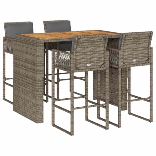 vidaXL 5-TLG. Gartenbar-Set mit Kissen Grau Poly Rattan Akazie, Garten Bar Set, Outdoor Bar Set, Bartisch und Stühle, Gartenbar, Bar Set Terrasse von vidaXL