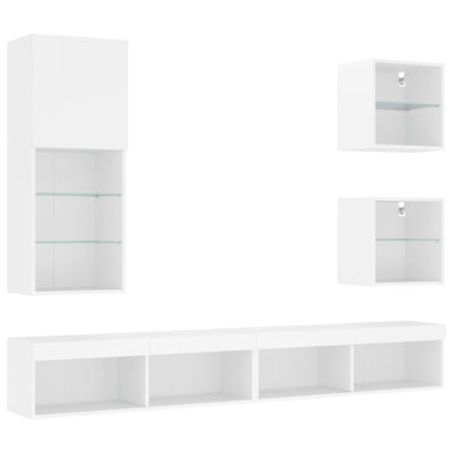 vidaXL Wohnwand 5-TLG., Schrankwand mit viel Stauraum, Anbauwand mit LED-Beleuchtung, Wandmontage Fernsehschrank Wohnzimmer Set Schrank, Weiß Holzwerkstoff von vidaXL