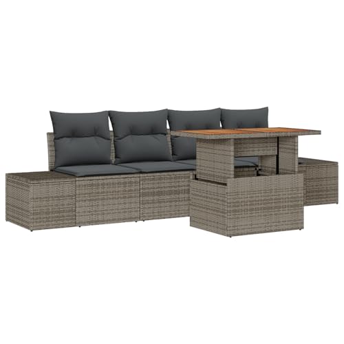 vidaXL 5-Teiliges Garten-Essgruppen-Set mit Kissen Grau Poly Rattan Stahlrahmen Modulares Outdoor Möbel Sofa Patio Tisch Sectional Sitzmöbel Pe Kaffee von vidaXL