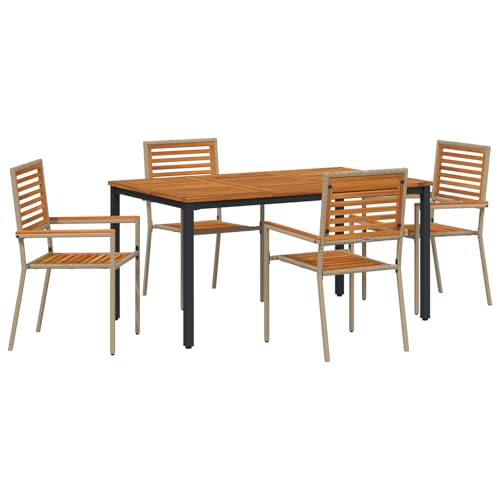 vidaXL 5-teiliges Garten-Essset Beige Poly Rattan Akazie, Stapelbare Gartenstühle mit Kissen - Set aus 2 in Beige Poly Rattan, Gartentisch 150x90x75 cm aus massivem Akazienholz und Metall von vidaXL