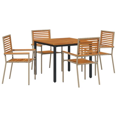 vidaXL 5-teiliges Garten Essset Beige Poly Rattan Akazie, Stapelbare Gartenstühle mit Kissen - Set aus 2 in Beige Poly Rattan, Gartentisch 90x90x75 cm aus solidem Akazienholz und Metall von vidaXL