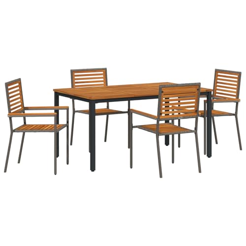 vidaXL 5-teiliges Garten Esszimmer Set Grau Poly Rattan Akazie, Stapelbare Gartenstühle mit Kissen 2 Stück Grau Poly Rattan, Gartentisch 150x90x75 cm Aus solidem Akazienholz und Metall von vidaXL