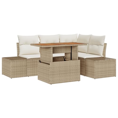 vidaXL 5-TLG. Garten-Essgruppe mit Kissen Beige Poly Rattan Akazie von vidaXL