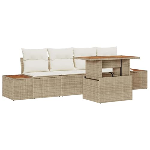 vidaXL 5-teiliges Garten-Sofaset mit Kissen in Beige und Weiß – Modulare Sitzgelegenheit für 4 Personen mit Stauraum – Rattan-Stil, wetterfest, für Terrasse und Balkon von vidaXL
