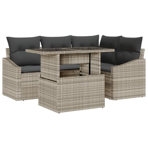 vidaXL 5-TLG. Garten-Sofagarnitur mit Kissen Hellgrau Poly Rattan von vidaXL