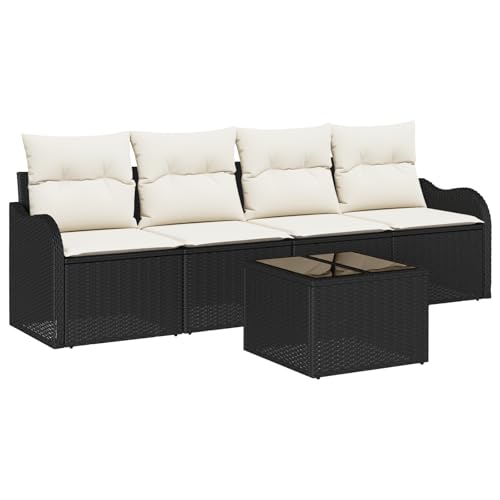 vidaXL 5-teiliges Garten Sofa Set mit Kissen Schwarz Poly Rattan, 2-Sitzer Garten Sofa mit Kissen Schwarz Poly Rattan von vidaXL