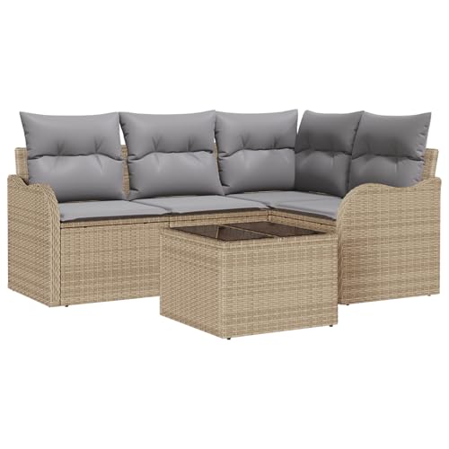 vidaXL 5-teiliges Garten-Sofa-Set mit Kissen Schwarzes Poly-Rattan, 2-Sitzer Garten-Sofa mit Kissen Beiges Poly-Rattan von vidaXL