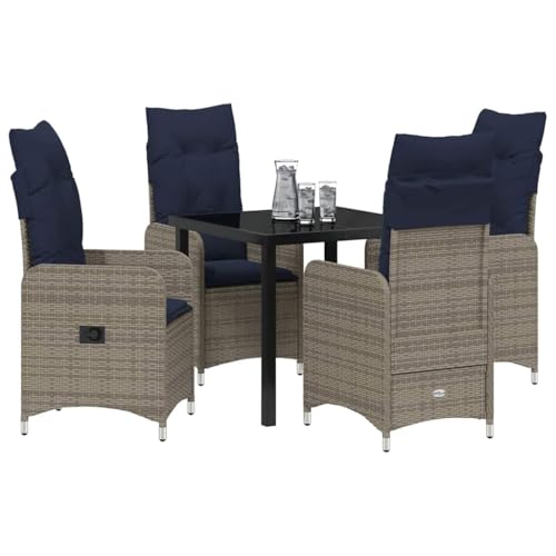 vidaXL 5-teiliges Outdoor-Dining-Set mit Kissen in Grau aus Poly-Rattan. Gartentisch und Stühle im rechteckigen Design, mit Temperglas. Perfekt für Terrasse und Innenräume. Zeitgemäßer, moderner Look. von vidaXL