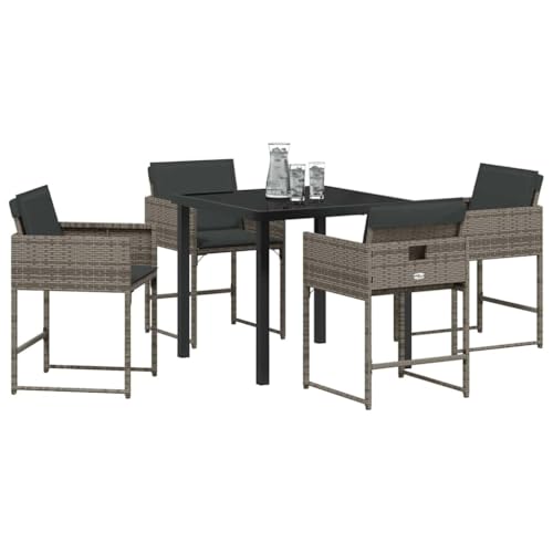 vidaXL 5-teiliges Garten-Set mit Kissen, graues Poly-Rattan, Stahlrahmen für 4 Personen, Tisch und Stühle, Schwarze gehärtete Glasplatte, Terrassenmöbel, Moderne Mittagskollektion von vidaXL