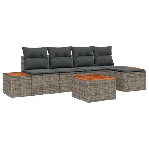 vidaXL 6-teilige Garten Sofaset mit Kissen Grau Poly Rattan Akazie Modulares Design Bequemes Outdoor Sitzen Stauraumfunktion UV-beständig Ecksofas Möbel Wetter von vidaXL