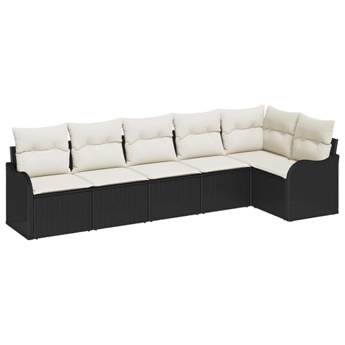 vidaXL 6-teiliger Garten Sofa Set mit Kissen Schwarz Poly Rattan, 2-Sitzer Garten Sofa mit Kissen Schwarz Poly Rattan von vidaXL