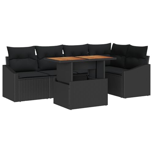 vidaXL 6-teiliges Garten-Esstisch-Set mit Stauraum-Kissen Schwarz Poly-Rattan Akaziengartenmöbel Ecksofa Tisch Sitzplatz Sektional für Kissen Patio modularer Stuhl von vidaXL