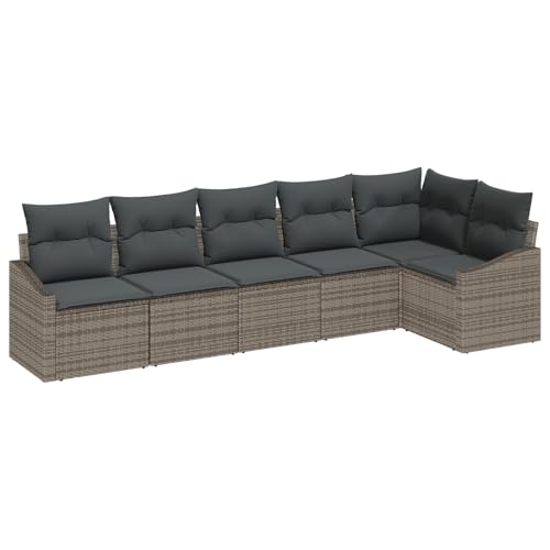 vidaXL 6 teiliges Garten Esszimmer Set Mit Kissen Grau Poly Rattan Sitzmöbel für Patio Balkon und Ecksofa modular Couch Möbel von vidaXL