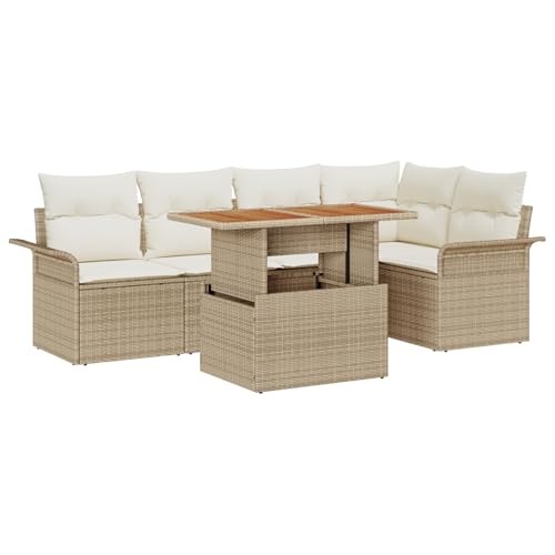 vidaXL 6-TLG. Garten-Essgruppe mit Kissen Beige Poly Rattan Akazie von vidaXL
