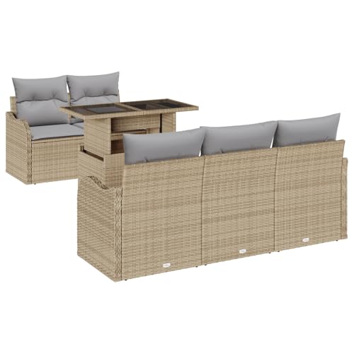 vidaXL 6-teiliges Garten Sofa Set mit Kissen Beige Poly Rattan, 2-Sitzer Garten Sofa mit Kissen Beige Poly Rattan von vidaXL