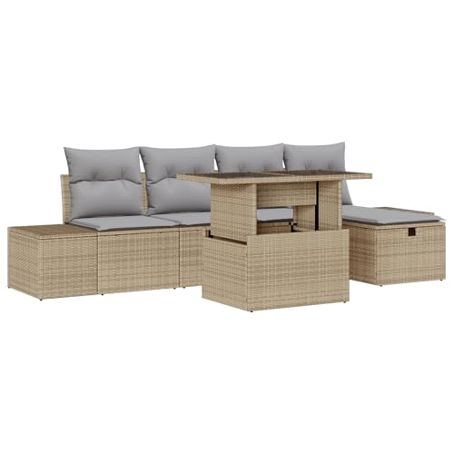 vidaXL 6-teiliges Garten-Sofa-Set mit Kissen Beige Poly-Rattan Outdoor-Möbel Sectional Für Terrasse und Balkon Stauraum Funktion Sitzmöbel Polyester von vidaXL