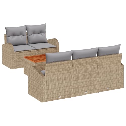vidaXL 6-teiliges Garten-Sofa-Set mit Kissen Beige Poly-Rattan Tisch aus Akazie Outdoor-Möbel Bequeme Sitzgelegenheiten Stylisches Design Sommer-Essentials. Patio-Stühle Sofas Ecksofa von vidaXL