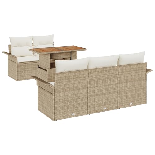 vidaXL 6-teiliges Garten Sofa Set mit Kissen Beige Poly Rattan und Akazie Outdoor Sitzkomfort mit Stauraum zur einfachen Organisation Patio Entspannung Wetterbeständig von vidaXL