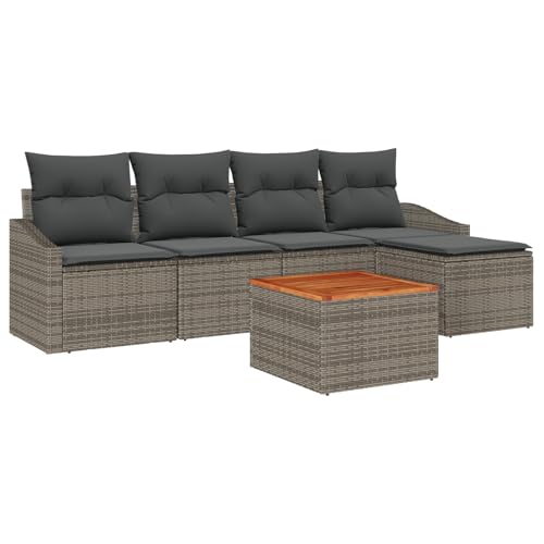 vidaXL 6-teiliges Garten-Sofa-Set mit Kissen in Grau aus Poly-Rattan und Akazie. Stylisches modulares Outdoor-Sitzarrangement für Balkon und Terrasse. Modernes Lounge-Design. von vidaXL