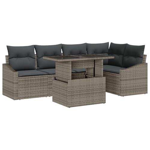 vidaXL 6-teiliges Garten Sofa Set mit Kissen Grau Poly Rattan Outdoor Möbel Höhenverstellbare Armlehnen Bequeme Sitzgelegenheiten Stylisches Patio Ecksofa Rechteckiger Tisch 3-Sitzer von vidaXL