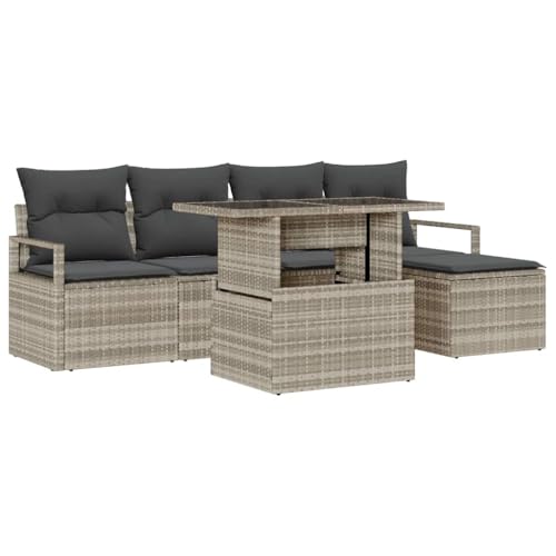 vidaXL 6-teiliges Garten Sofa Set mit Kissen Hellgrau Poly Rattan, 2-Sitzer Garten Sofa mit Kissen Grau Poly Rattan von vidaXL