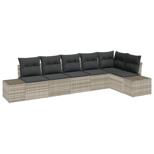 vidaXL 6-teiliges Garten-Sofa-Set mit Kissen Hellgrau Poly Rattan Wetterfestes Modulares Außenmöbel für Terrasse und Balkon Sitzgruppe Ecksofa von vidaXL