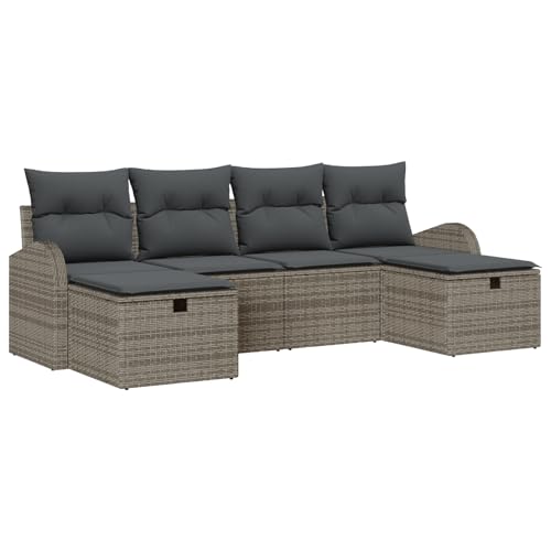 vidaXL 6-teiliges Garten Sofa Set mit Kissen Modulares Design Graues Poly Rattan Wetterbeständig Ideal für Entspannung und Essen Patio Sitzmöbel mit Stauraum von vidaXL