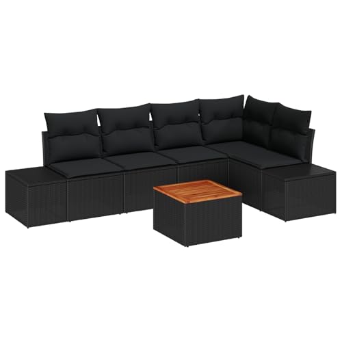 vidaXL 6-teiliges Garten-Sofa-Set mit Kissen Schwarz Poly Rattan Akazie Holz Tisch Outdoor Lounge Möbel für Patio Balkon Geräumige Sitzgelegenheiten Sechs Wetterfest Zeitgemäßer Robuster Sessel von vidaXL
