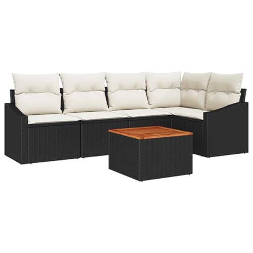 vidaXL 6-teiliges Garten Sofa Set mit Kissen Schwarz Poly Rattan Akazien Tisch Outdoor Sitz Bereich Sektionale Terrassen Stühle Modulare Möbel Kaffeebalkon Lounge gepolstert von vidaXL