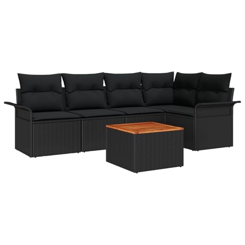 vidaXL 6-teiliges Garten-Sofa-Set mit Kissen Schwarz Poly Rattan Akazienholz Couchtisch | Outdoor-Loungemöbel Rechteckiges Modulares Patios Garten Patio-Sitzmöbel Sessel Zeitgenössisch. von vidaXL