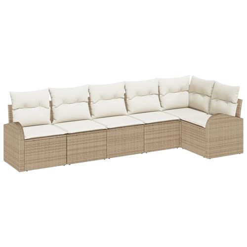 vidaXL 6-teiliges Garten-Sofa-Set mit Kissen aus beige Poly-Rattan, 2-Sitzer Garten-Sofa mit Stauraum und Kissen aus beige Poly-Rattan von vidaXL