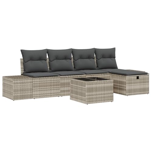 vidaXL 6-teiliges Garten-Sofa-Set mit Kissen in Hellgrau Poly Rattan Outdoor-Sitzfläche Stauraum Funktion Modernes Design Ideal für Balkon und Terrasse Schnittmöbel Modulares Stuhl mit Polster von vidaXL