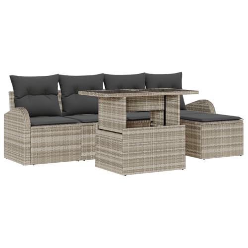 vidaXL 6-teiliges Garten Sofa Set mit Kissen in Hellgrau aus Poly Rattan – modernes, wetterbeständiges Outdoor-Modulares Sitzmöbel für bis zu 5 Personen – perfekt für Balkon oder Patio von vidaXL