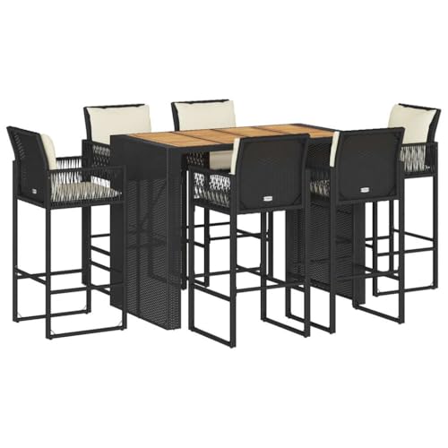 vidaXL 7-TLG. Gartenbar-Set mit Kissen Schwarz Poly Rattan Akazie, Garten Bar Set, Outdoor Bar Set, Bartisch und Stühle, Gartenbar, Bar Set Terrasse von vidaXL