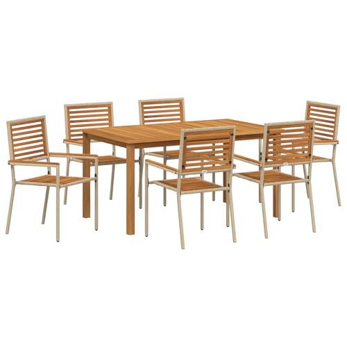 vidaXL 7-teilige Garten-Essgruppe Beige Poly Rattan Akazie, Stapelbare Gartenstühle mit Kissen - Set aus 2 in Beige Poly Rattan von vidaXL