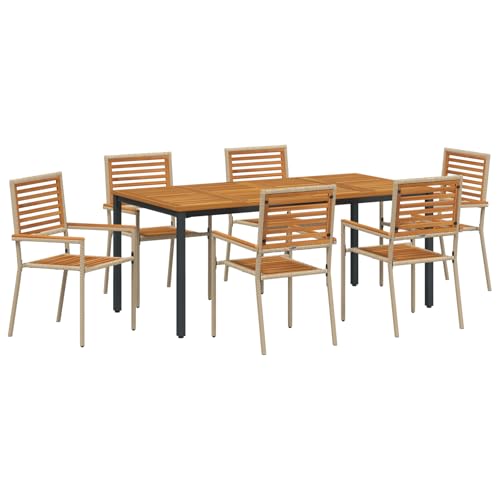 vidaXL 7-teilige Garten Essgruppe Beige Poly Rattan Akazie, Stapelbare Gartenstühle mit Kissen - Set von 2 in Beige Poly Rattan, Gartentisch 180x90x75 cm Massiv Akazienholz und Metall von vidaXL
