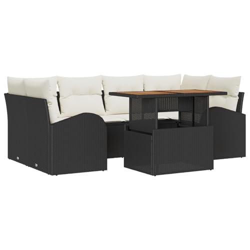 vidaXL 7-teilige Garten Essgruppe Kissen Schwarz Poly Rattan Tisch Sofa | Bequeme Sitzmöbel für Balkon Moderne stilvolle gewebte Gestaltung 2-Sitzer Loveseat modular mit Kissen von vidaXL