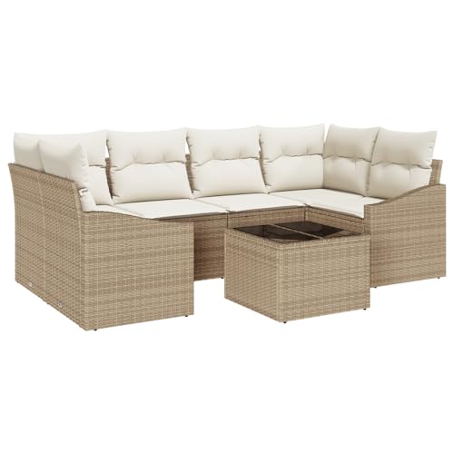 vidaXL 7-teiliges Garten-Essensemble mit Kissen Beige Poly-Rattan Gartenmöbel für Balkon und Terrasse | 6-Sitzplätze Robuste UV-beständige Sessel Couchtisch von vidaXL
