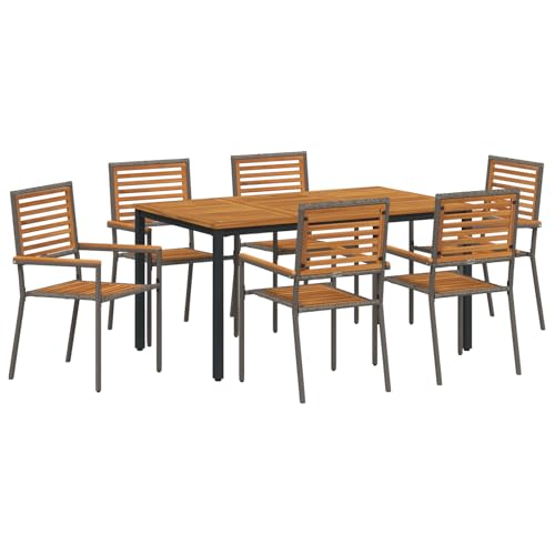 vidaXL 7-teiliges Garten Essgruppen Set Grau Polyrattan Akazie, Stapelbare Gartenstühle mit Kissen 2 Stück Grau Polyrattan, Gartentisch 150x90x75 cm aus massivem Akazienholz und Metall von vidaXL