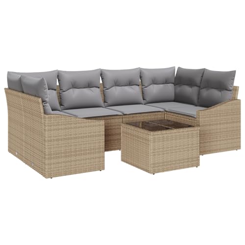 vidaXL 7-teiliges Garten-Essgruppen-Set mit Kissen Beige Poly Rattan von vidaXL