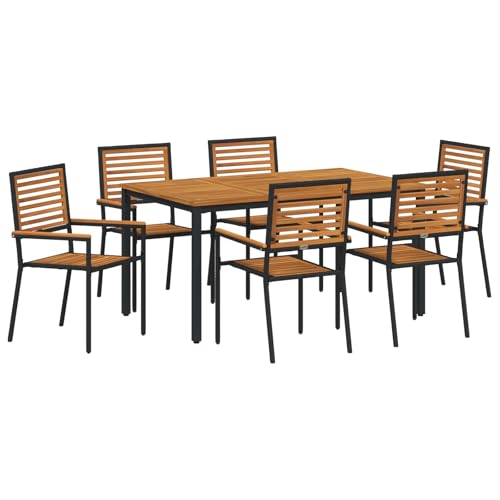 vidaXL 7-teiliges Garten Essset Schwarz Poly Rattan Akazie, Stapelbare Gartenstühle mit Kissen 2 Stück Schwarz Poly Rattan, Gartentisch 150x90x75 cm aus massivem Akazienholz und Metall von vidaXL