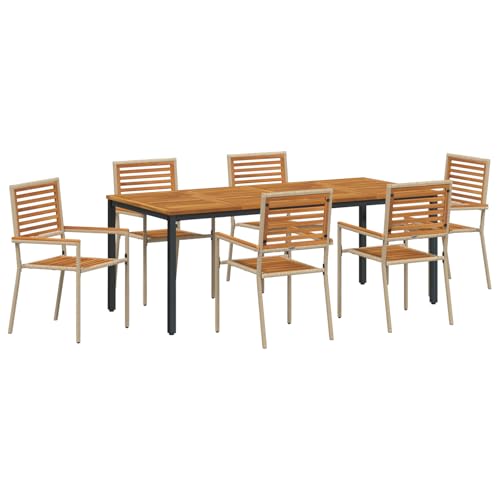 vidaXL 7-teiliges Garten Esszimmer Set Beige Poly Rattan Akazie, Stapelbare Gartenstühle mit Kissen - Set von 2 in Beige Poly Rattan, Gartentisch 200x90x75 cm aus massivem Akazienholz und Metall von vidaXL