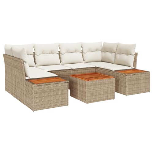 vidaXL 7-teiliges Garten-Sofa-Set Beige Creme Rattan Kissen Wetterfest Outdoor Möbel Stauraum Tisch Modular Design Poly Bequem 6-Sitzer Rechteckig Modern Sitzen von vidaXL