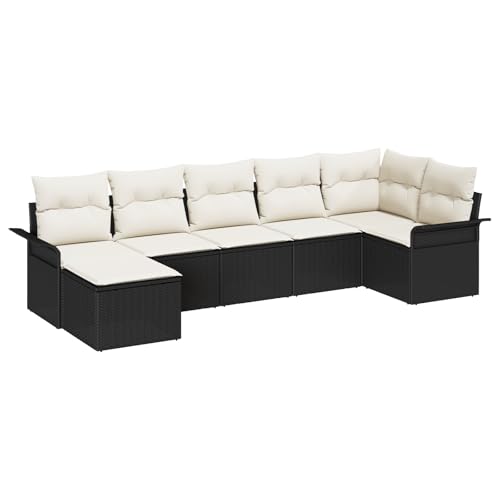 vidaXL 7-teiliges Garten Sofa Set Bequem Modulares Outdoor Couch Polster Sitzmöbel Schwarz und Creme Poly Rattan Patio Möbel Ecksofas PE Vier-Sitzer von vidaXL