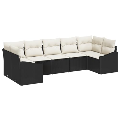 vidaXL 7-teiliges Garten Sofa Set Mit Kissen Beige Und Schwarz Outdoor Ecksofa Poly Rattan Möbel Für Patio Balkon Sommernutzung Sitzgelegenheiten Modern von vidaXL