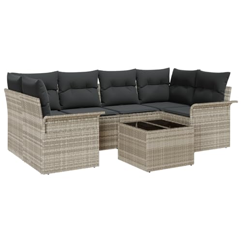 vidaXL 7-teiliges Garten-Sofa-Set mit Kissen Außen-Rattan-Sitz Hellgrau Modernes Terrassenmöbel Bequemes Ecksofa Ideal für Gärten und Balkone Poly-Lounge mit Kissen Groß Rechteckig von vidaXL