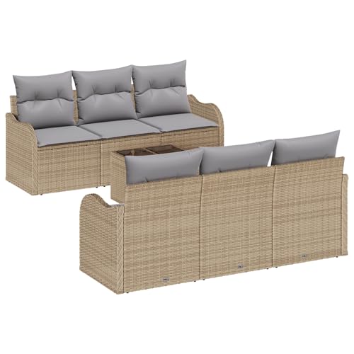 vidaXL 7-teiliges Garten-Sofaset mit Kissen aus beigem Poly-Rattan. Modernes, modulares Design. Wetterfest und bequem für Deine Terrasse. von vidaXL